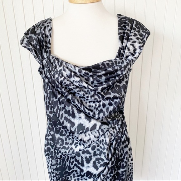 NWT Tadashi Shoji Grey & Black Animal Print Cocktail Dress Cap Sleeve Size 10 - Picture 2 of 16